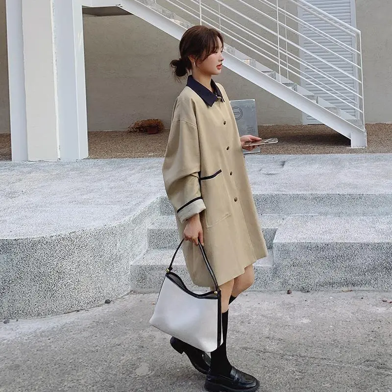 LANMREM Korean Trendy Khaki Trench Coat For Women Colorblock Turn Down Collar Single Breasted Mid-Length Windbreaker 2DB3750