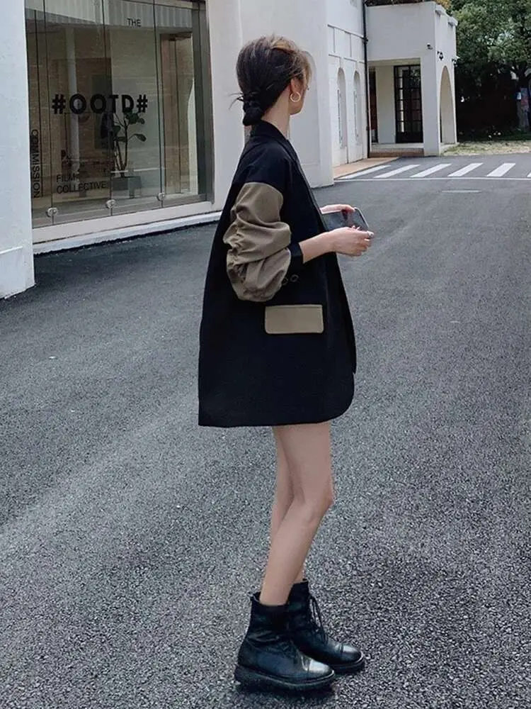 LANMREM Patchwork Blazers For Women Stitching Color Notched Single Breasted Chic Coats Female Fashion Clothes 2025 Spring 2R4507