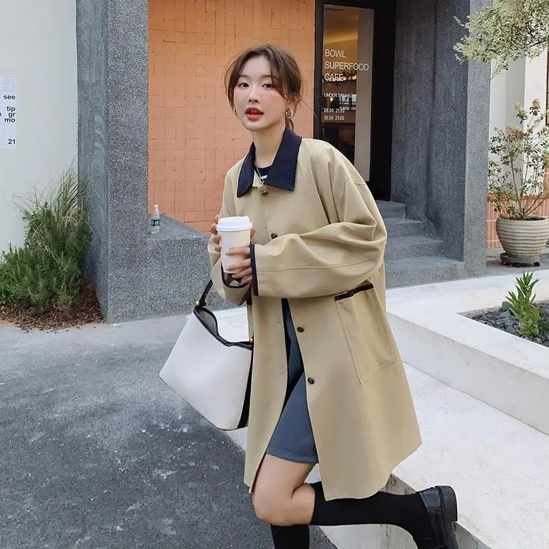 LANMREM Korean Trendy Khaki Trench Coat For Women Colorblock Turn Down Collar Single Breasted Mid-Length Windbreaker 2DB3750