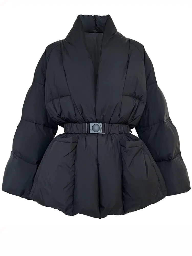 LANMREM V-Neck Waist Wrapped Down Coat Female Long Sleeves Solid Color Belt Warm Fashion Streetwear Coats 2024 Winter 2DA8029