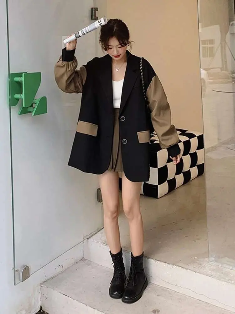 LANMREM Patchwork Blazers For Women Stitching Color Notched Single Breasted Chic Coats Female Fashion Clothes 2025 Spring 2R4507