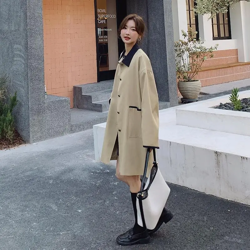 LANMREM Korean Trendy Khaki Trench Coat For Women Colorblock Turn Down Collar Single Breasted Mid-Length Windbreaker 2DB3750