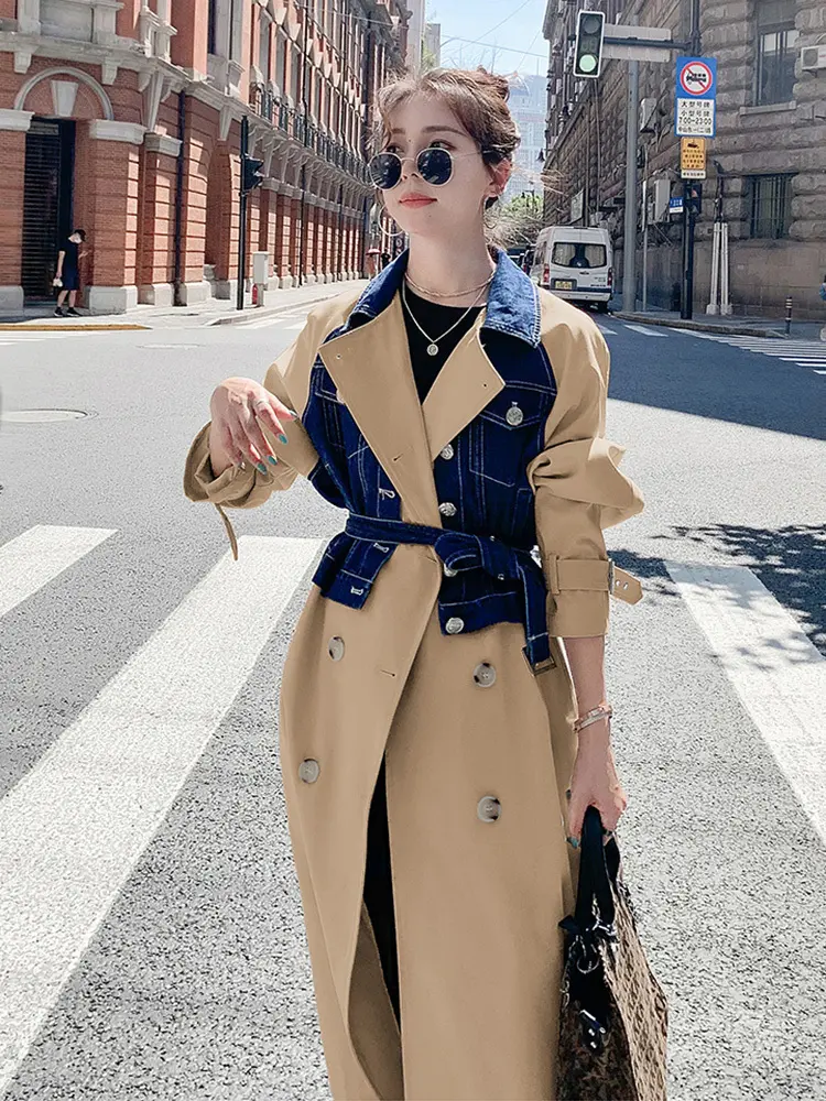 LANMREM Fashion Denim Block Color Windbreaker Women's Lapel Double Breasted Belt Gathered Waist Coats 2025 Spring New 2Z2794