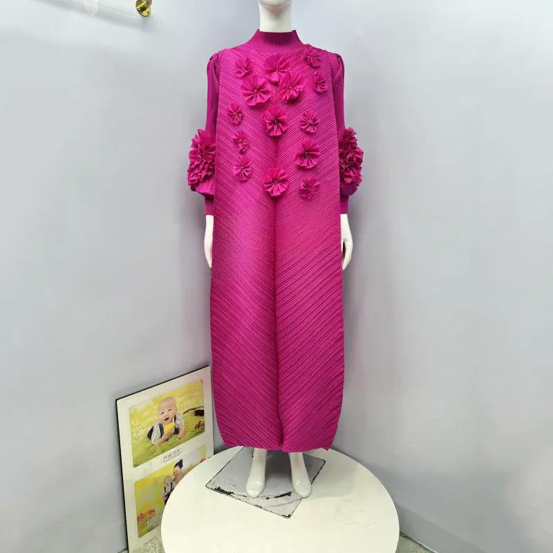 LANMREM Fashion Wine Pleated Women's Dress 3D Tie Flowers Design Long Sleeve Stand Collar Blue Elastic Loose Dresses New 2DB3807