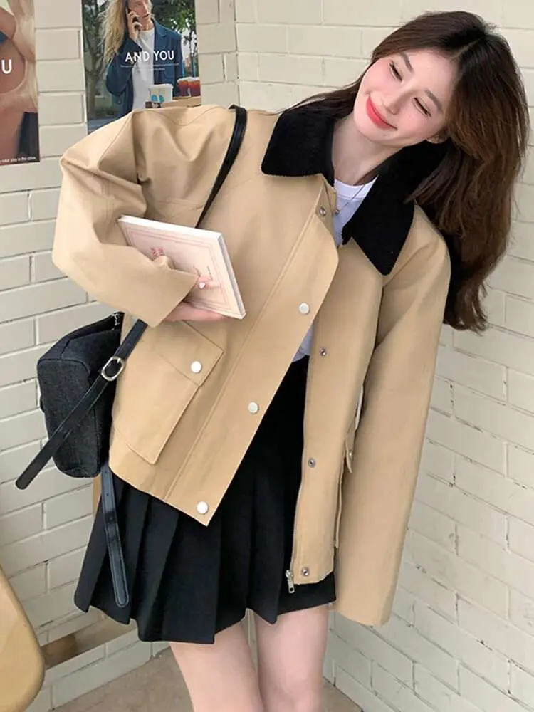 LANMREM Patchwork Jacket Women's Lapel Zipper Single Breasted Big Pockets Design Contrast Color Coats 2025 Spring New 2Z2660