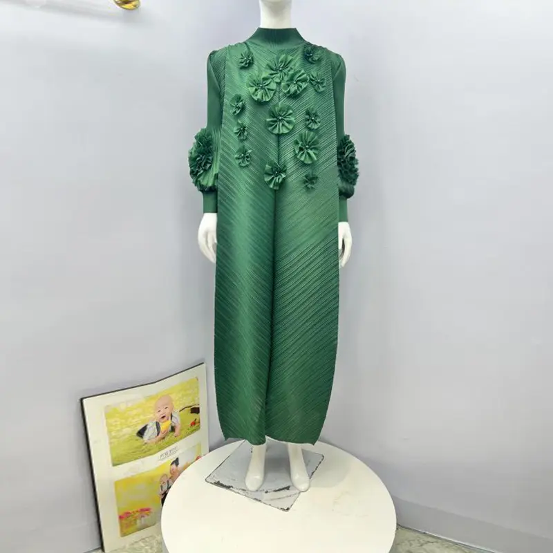 LANMREM Fashion Wine Pleated Women's Dress 3D Tie Flowers Design Long Sleeve Stand Collar Blue Elastic Loose Dresses New 2DB3807