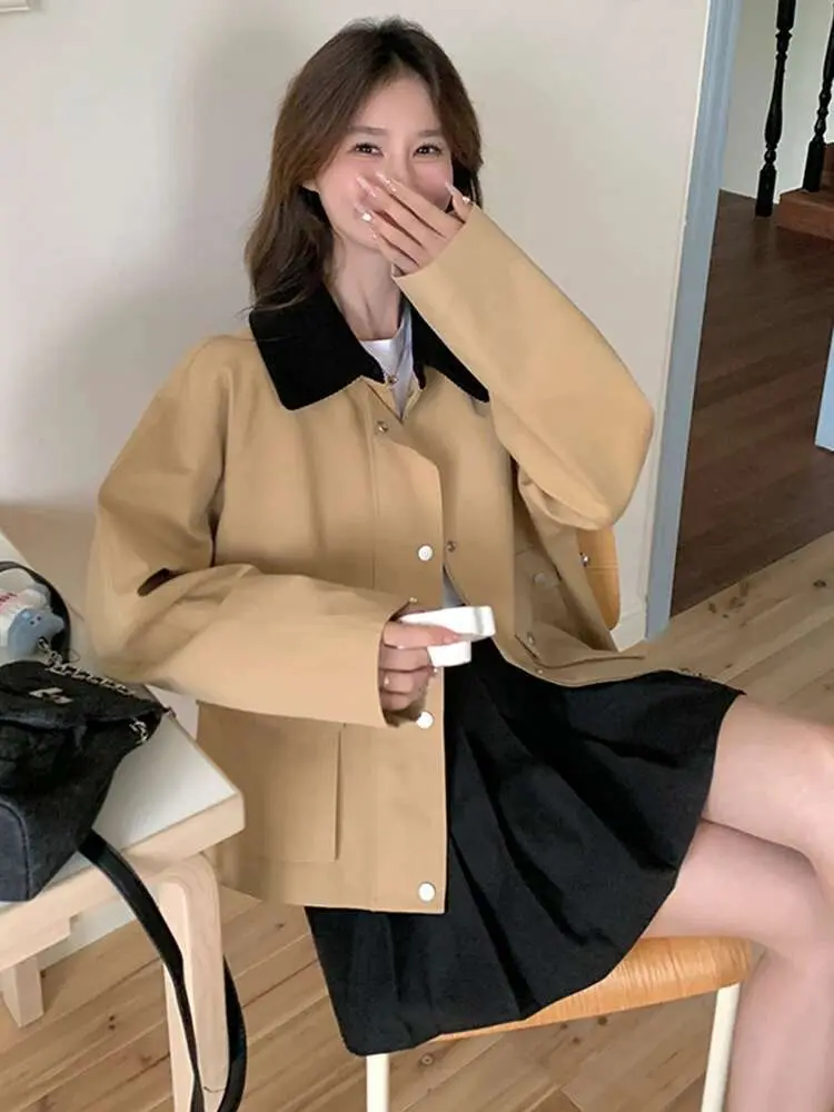 LANMREM Patchwork Jacket Women's Lapel Zipper Single Breasted Big Pockets Design Contrast Color Coats 2025 Spring New 2Z2660