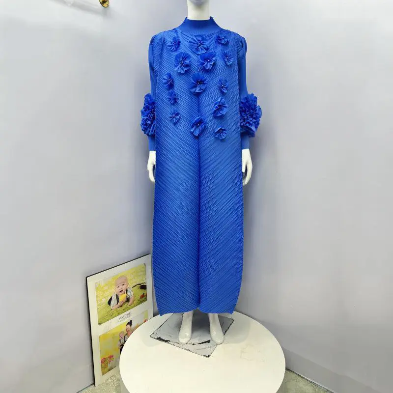 LANMREM Fashion Wine Pleated Women's Dress 3D Tie Flowers Design Long Sleeve Stand Collar Blue Elastic Loose Dresses New 2DB3807