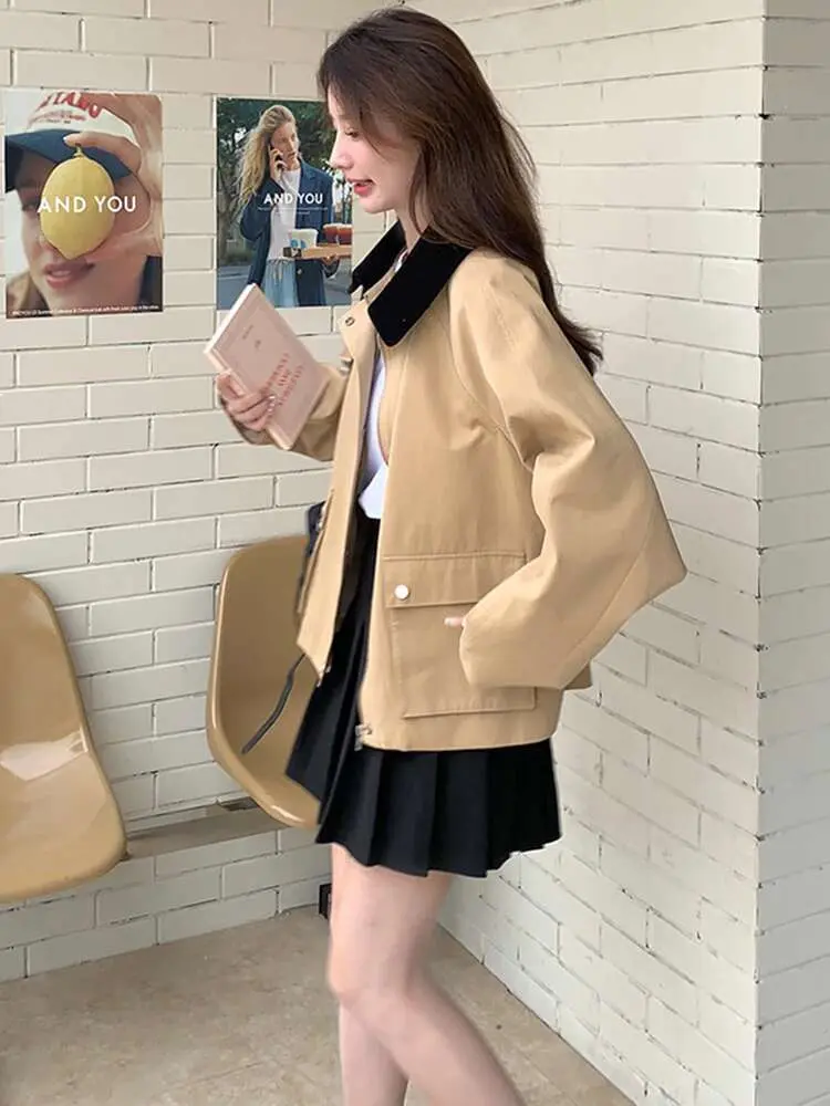 LANMREM Patchwork Jacket Women's Lapel Zipper Single Breasted Big Pockets Design Contrast Color Coats 2025 Spring New 2Z2660