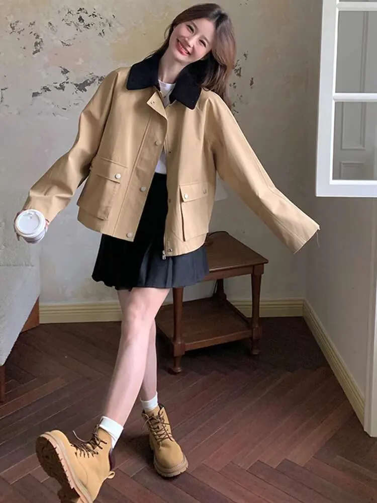 LANMREM Patchwork Jacket Women's Lapel Zipper Single Breasted Big Pockets Design Contrast Color Coats 2025 Spring New 2Z2660