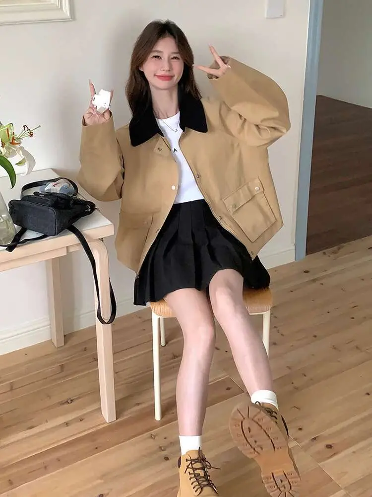 LANMREM Patchwork Jacket Women's Lapel Zipper Single Breasted Big Pockets Design Contrast Color Coats 2025 Spring New 2Z2660