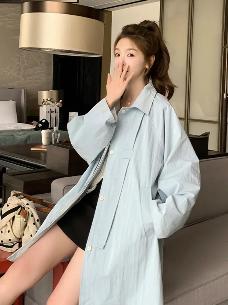 LANMREM Blue Turn Down Collar Trench Coat Women's Autumn 2025 New Casual Loose Chic Zipper Long Coat Casual Windbreaker 2DB2749