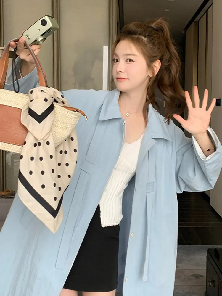 LANMREM Blue Turn Down Collar Trench Coat Women's Autumn 2025 New Casual Loose Chic Zipper Long Coat Casual Windbreaker 2DB2749