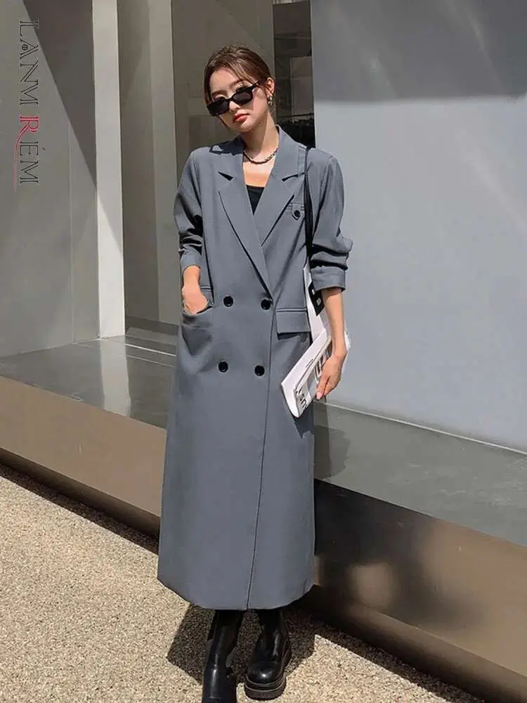 LANMREM Long Blazers Women Notched Double Breasted Split Fashion Coats Female High End Streetwear Clothing 2024 Spring 2R4910