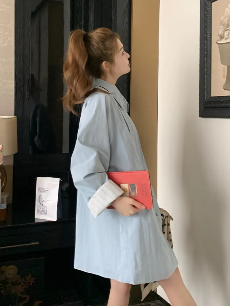 LANMREM Blue Turn Down Collar Trench Coat Women's Autumn 2025 New Casual Loose Chic Zipper Long Coat Casual Windbreaker 2DB2749
