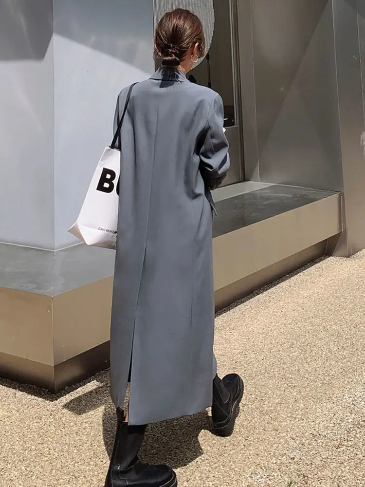 LANMREM Long Blazers Women Notched Double Breasted Split Fashion Coats Female High End Streetwear Clothing 2024 Spring 2R4910