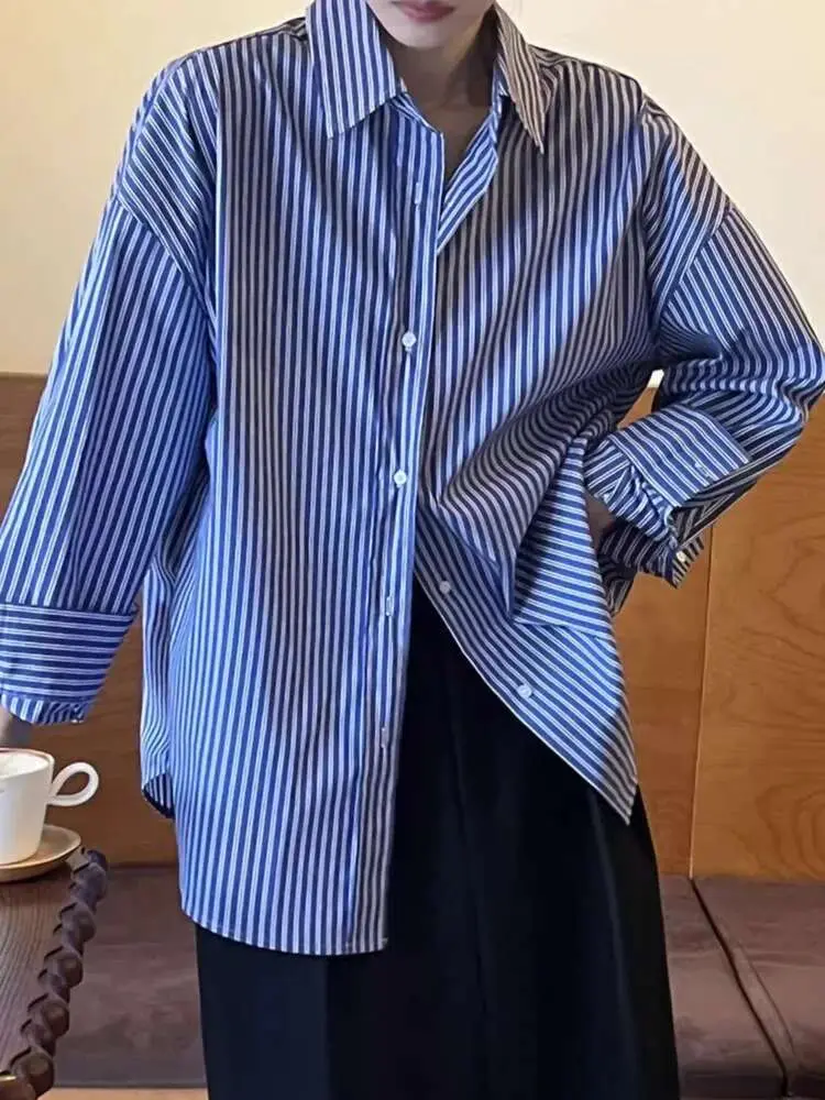 LANMREM Casual Simple Striped Shirt Women Fashion Tide 2025 Spring New Lapel Single Breasted Long-sleeved Versatile Tops 2DE749