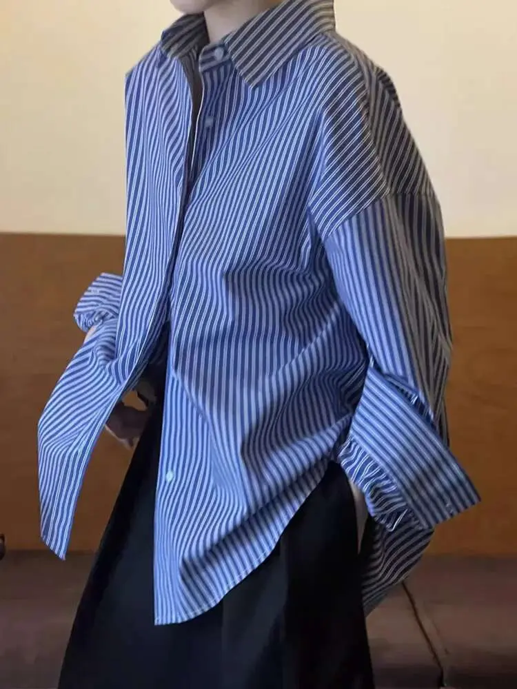 LANMREM Casual Simple Striped Shirt Women Fashion Tide 2025 Spring New Lapel Single Breasted Long-sleeved Versatile Tops 2DE749