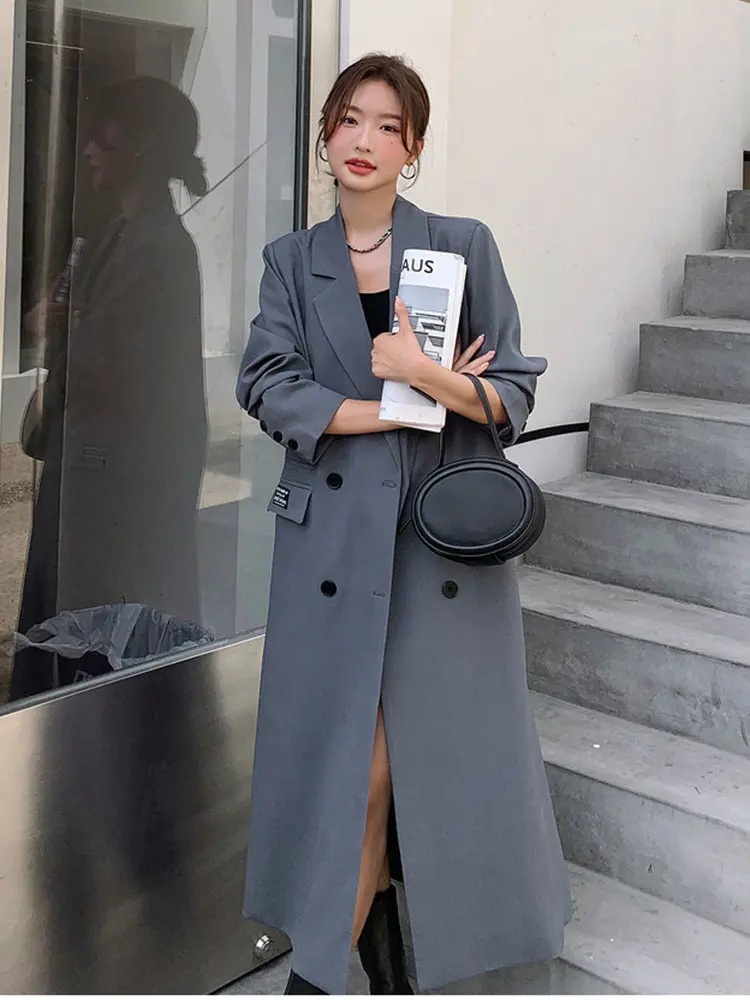 LANMREM Long Blazers Women Notched Double Breasted Split Fashion Coats Female High End Streetwear Clothing 2024 Spring 2R4910