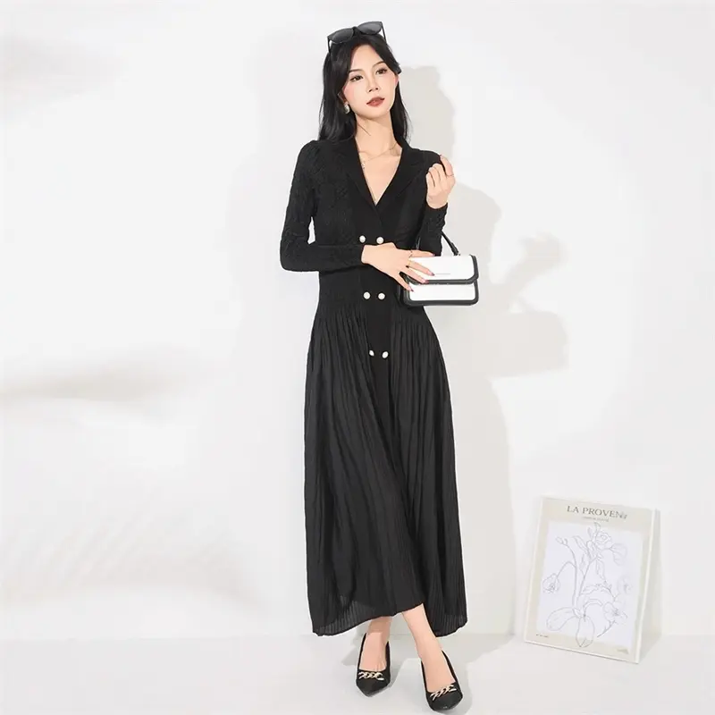 LANMREM Double Breasted Notched Collar Design Pleated Women's Cardigan Dress 2025 New High-End Waist-Slimming Clothing 2DB4226