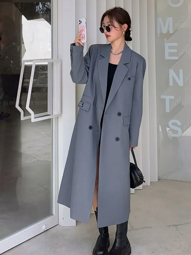 LANMREM Long Blazers Women Notched Double Breasted Split Fashion Coats Female High End Streetwear Clothing 2024 Spring 2R4910