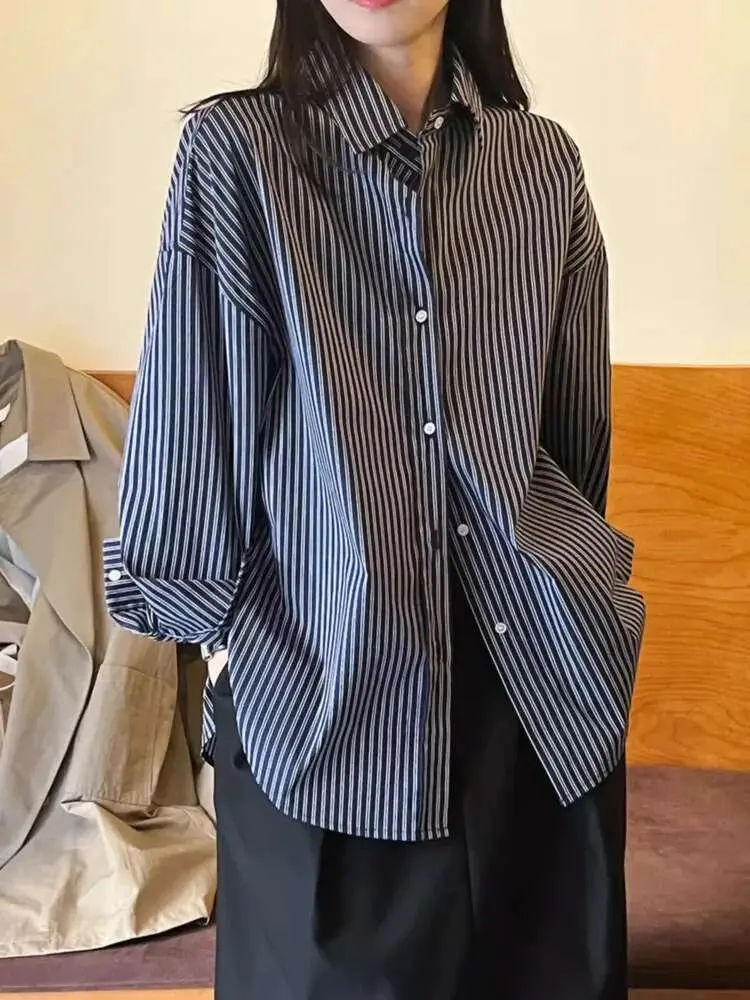 LANMREM Casual Simple Striped Shirt Women Fashion Tide 2025 Spring New Lapel Single Breasted Long-sleeved Versatile Tops 2DE749