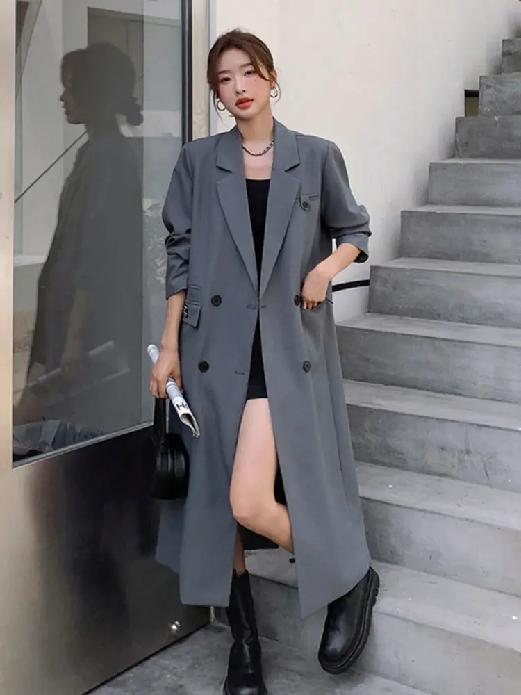 LANMREM Long Blazers Women Notched Double Breasted Split Fashion Coats Female High End Streetwear Clothing 2024 Spring 2R4910