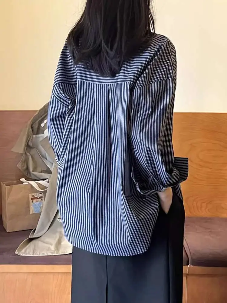 LANMREM Casual Simple Striped Shirt Women Fashion Tide 2025 Spring New Lapel Single Breasted Long-sleeved Versatile Tops 2DE749