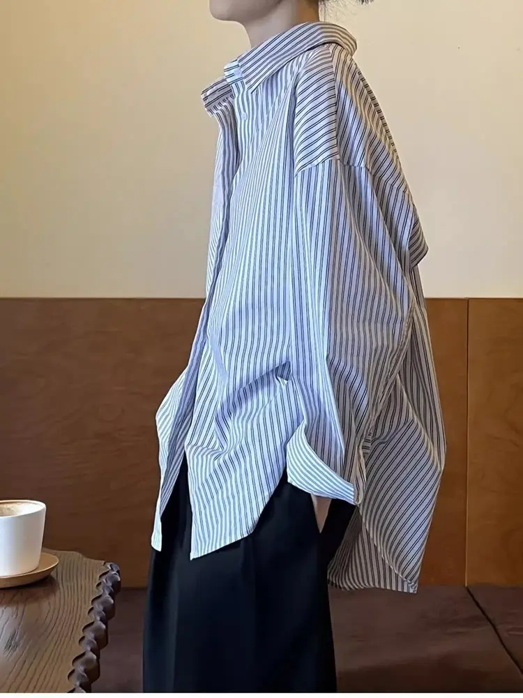 LANMREM Casual Simple Striped Shirt Women Fashion Tide 2025 Spring New Lapel Single Breasted Long-sleeved Versatile Tops 2DE749