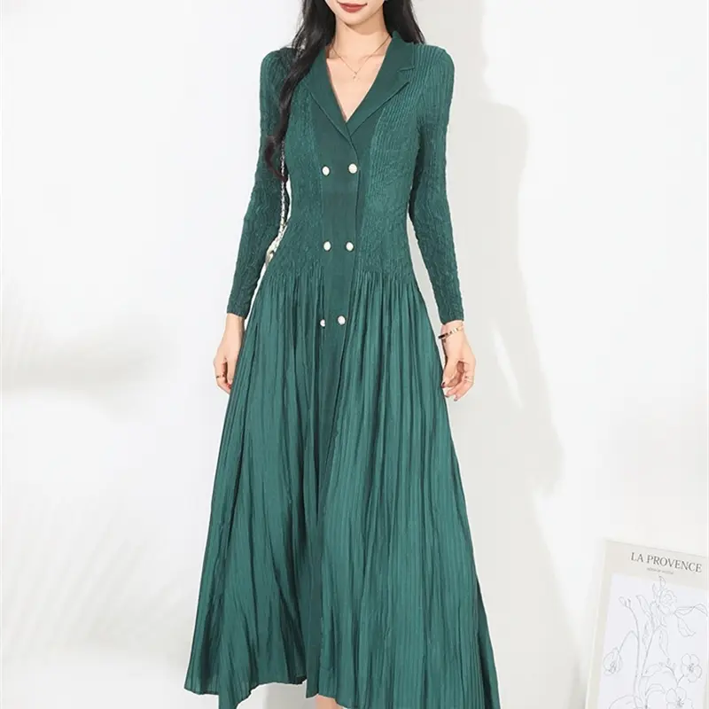LANMREM Double Breasted Notched Collar Design Pleated Women's Cardigan Dress 2025 New High-End Waist-Slimming Clothing 2DB4226