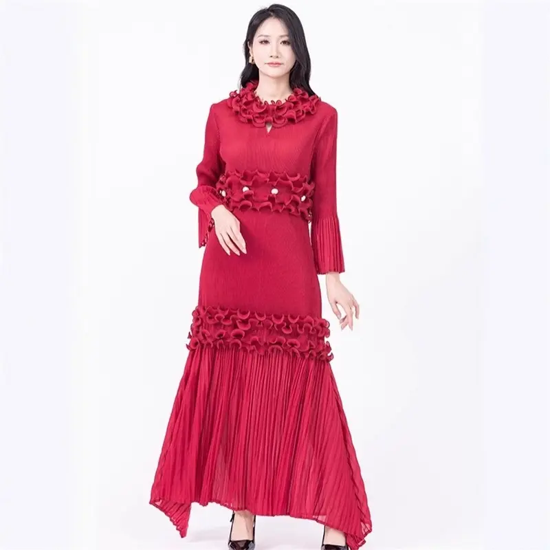 LANMREM Niche Design Stringy Selvedge Patchwork Chic Women's Pleated Dress Summer New Elastic Loose Floral Cake Dresses 2DB4223