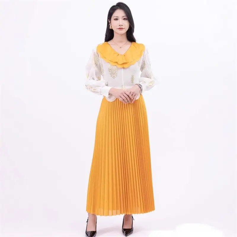 LANMREM Colorblock Patchwork Gold Foil Printing Women's Pleated Dress Elastic High Waist Three Quarter Sleeve Clothing 2DB4203