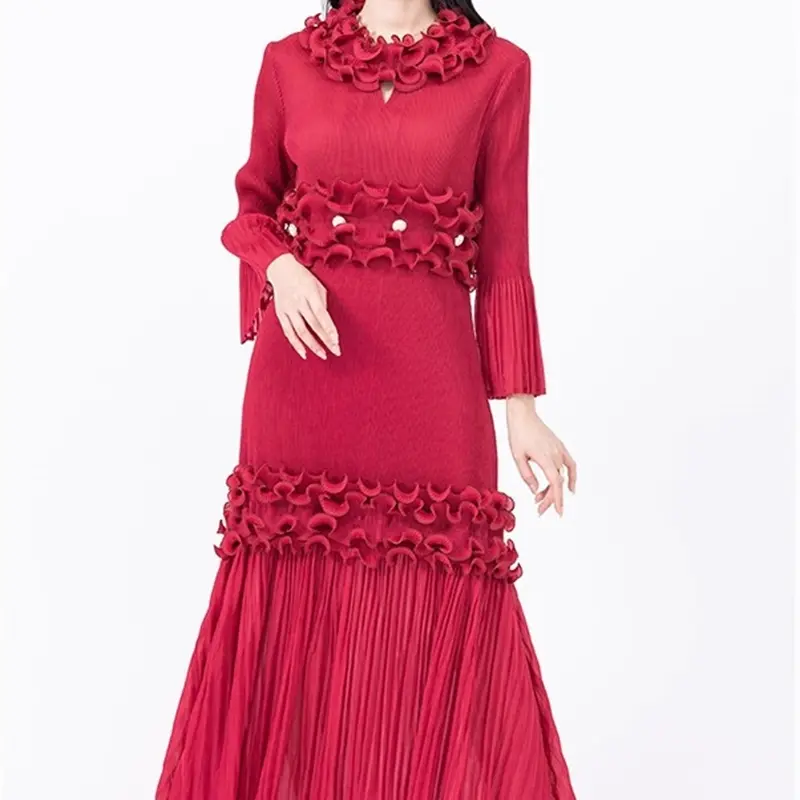 LANMREM Niche Design Stringy Selvedge Patchwork Chic Women's Pleated Dress Summer New Elastic Loose Floral Cake Dresses 2DB4223