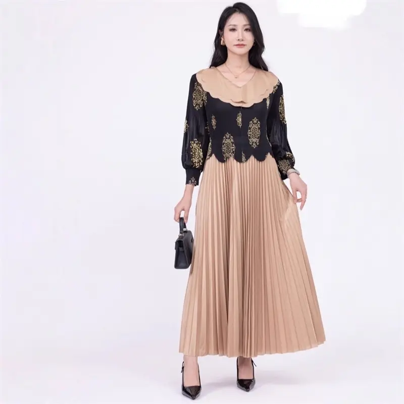 LANMREM Colorblock Patchwork Gold Foil Printing Women's Pleated Dress Elastic High Waist Three Quarter Sleeve Clothing 2DB4203