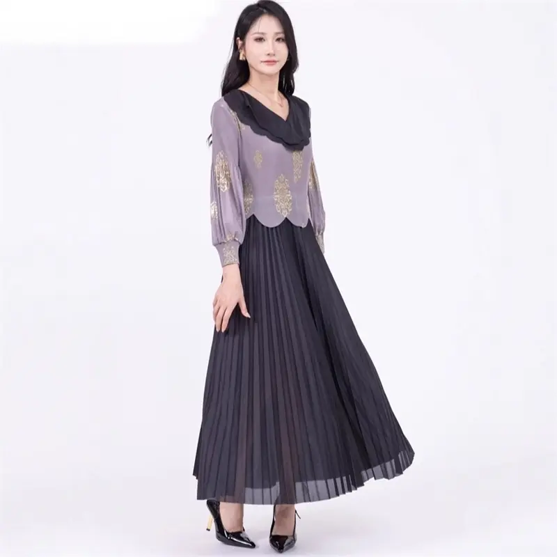 LANMREM Colorblock Patchwork Gold Foil Printing Women's Pleated Dress Elastic High Waist Three Quarter Sleeve Clothing 2DB4203