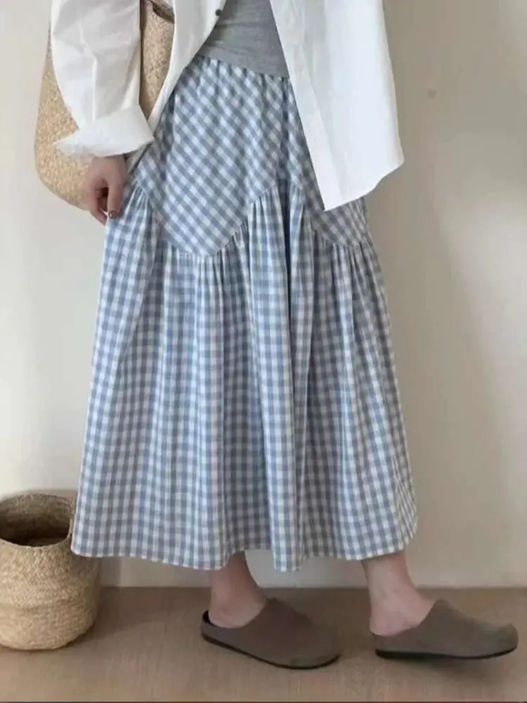 LANMREM Summer Vintage Plaid Printting A-line Skirts For Women 2025 New Korean Chic Loose Ealstic Waist Black Red Skirt 2DB2609