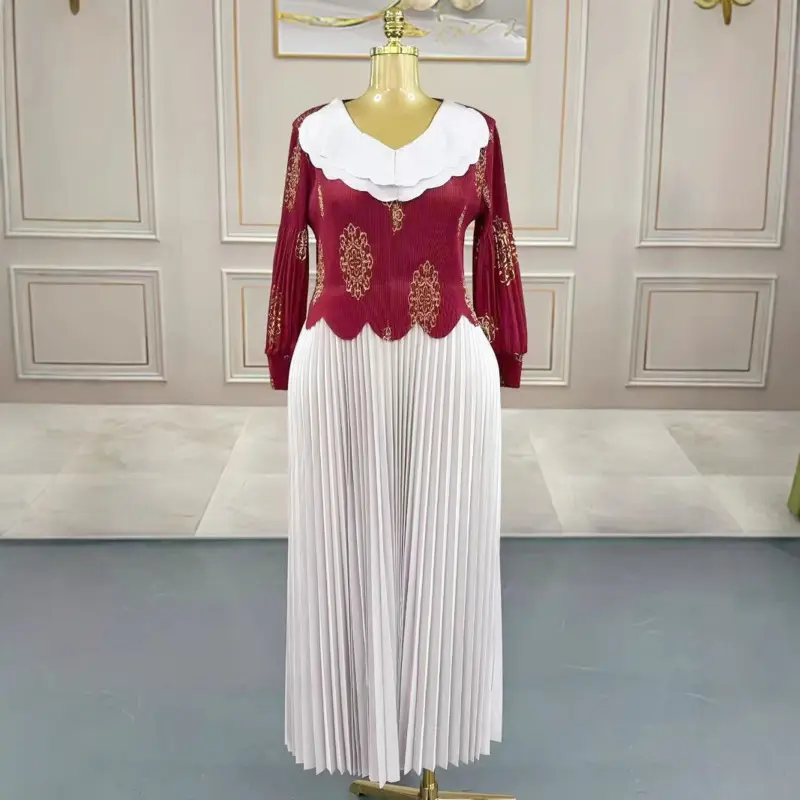 LANMREM Colorblock Patchwork Gold Foil Printing Women's Pleated Dress Elastic High Waist Three Quarter Sleeve Clothing 2DB4203