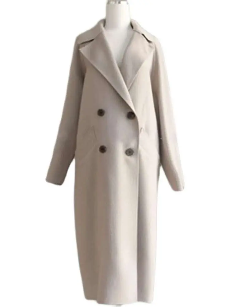 LANMREM Woollen Coats For Women Lapel Double Breasted Mid Length Belt Female Fashion Clothing 2023 Autumn Winter New 2R5121