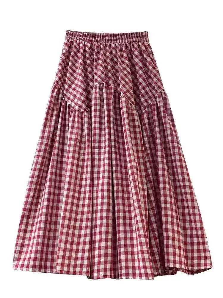 LANMREM Summer Vintage Plaid Printting A-line Skirts For Women 2025 New Korean Chic Loose Ealstic Waist Black Red Skirt 2DB2609