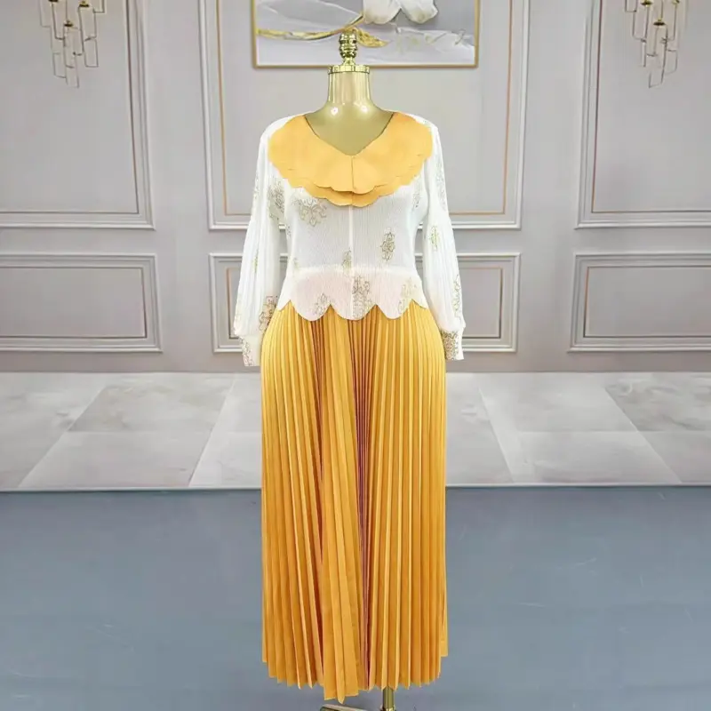 LANMREM Colorblock Patchwork Gold Foil Printing Women's Pleated Dress Elastic High Waist Three Quarter Sleeve Clothing 2DB4203