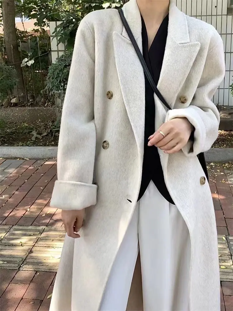 LANMREM Double-sided Cashmere Coat For Women 2025 Spring Winter New Korean Loose Long Woolen Coats Office Lady Luxury 2DA7713