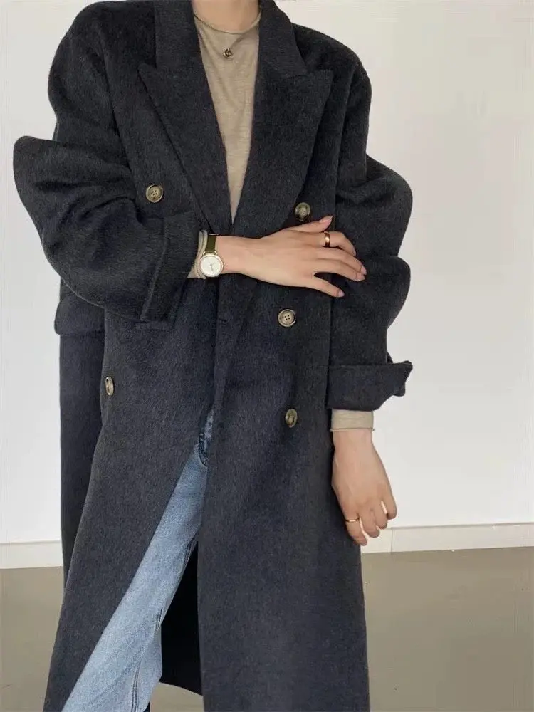 LANMREM Double-sided Cashmere Coat For Women 2025 Spring Winter New Korean Loose Long Woolen Coats Office Lady Luxury 2DA7713