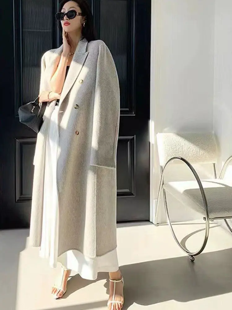 LANMREM Double-sided Cashmere Coat For Women 2025 Spring Winter New Korean Loose Long Woolen Coats Office Lady Luxury 2DA7713