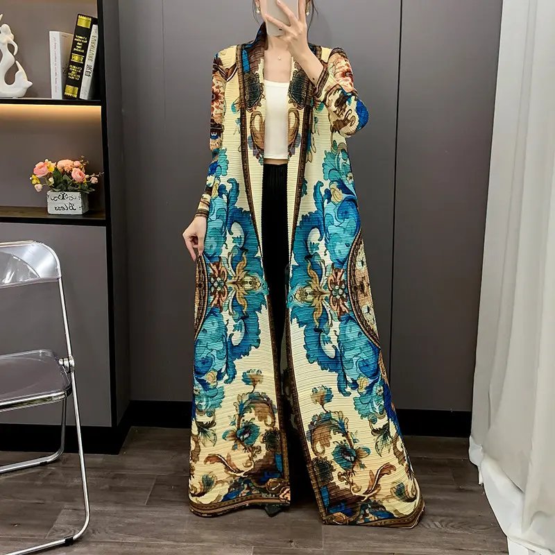 LANMREM Colorblock Printting Pleated Women's Trench Coat Chic New Fashion Versatile Elastic Loose Lightweight Long Robe 2DB3929