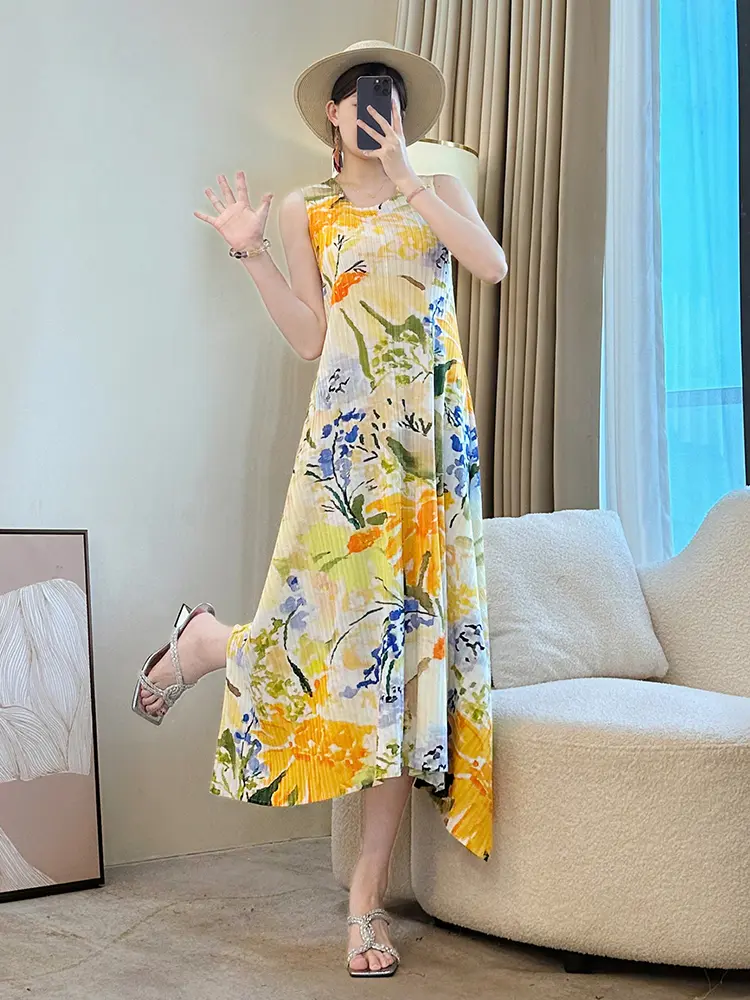 LANMREM Summer Women's Pleated Dress Loose Elastic Slim Sleeveless Printting Irregular Dresses 2025 New O-neck Clothing 2DB3427
