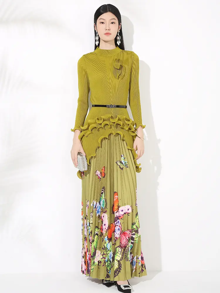 LANMREM Women's Irregular Ruffles Pleated Pullover Belt Top With Print Floor Length Skirt Two-piece Set Summer New 2DM1056