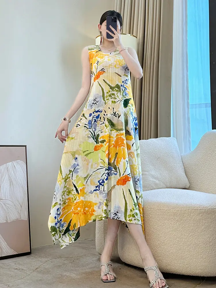 LANMREM Summer Women's Pleated Dress Loose Elastic Slim Sleeveless Printting Irregular Dresses 2025 New O-neck Clothing 2DB3427
