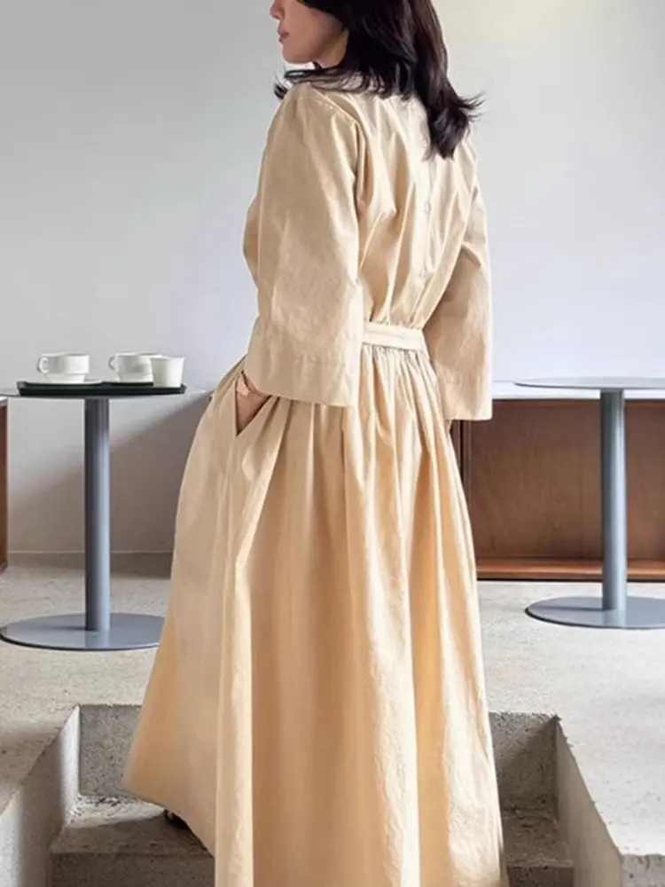 LANMREM New Pure Cotton Long Sleeved Lace Up Elegant Temperament Dress For Women Loose Oversized Pullover O-neck Dresses 2DB3020