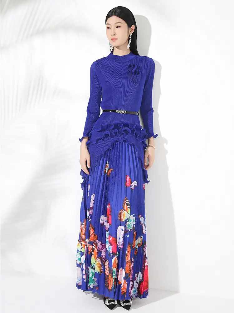 LANMREM Women's Irregular Ruffles Pleated Pullover Belt Top With Print Floor Length Skirt Two-piece Set Summer New 2DM1056