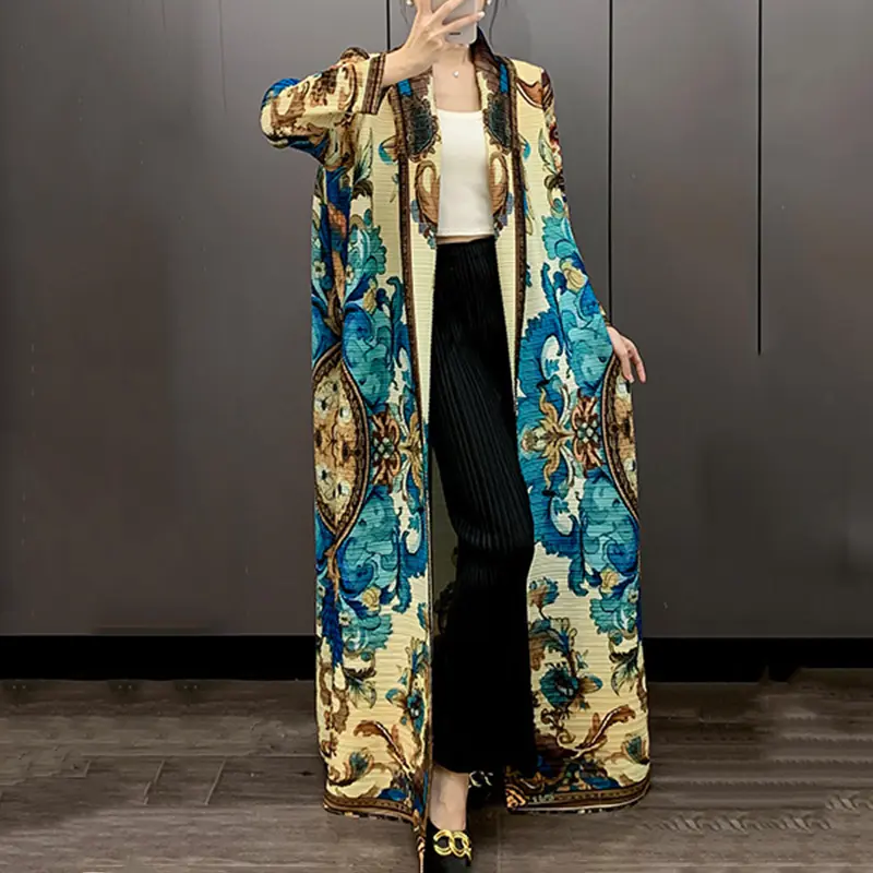 LANMREM Colorblock Printting Pleated Women's Trench Coat Chic New Fashion Versatile Elastic Loose Lightweight Long Robe 2DB3929